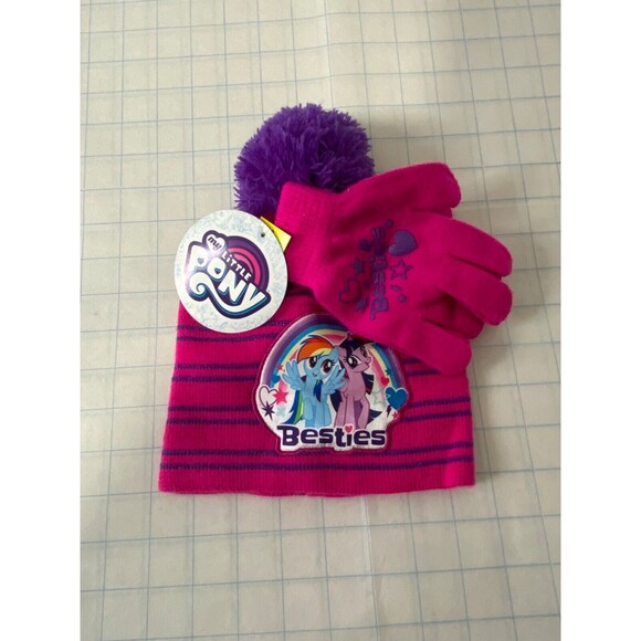 My Little Pony Girls Beanie Hat and Glove Set Pink and Purple Striped Stretch - Picture 2 of 7
